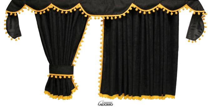 Gardinen für Actros MP 2/3 schwarz-gelb, Pompoms/Kugel 