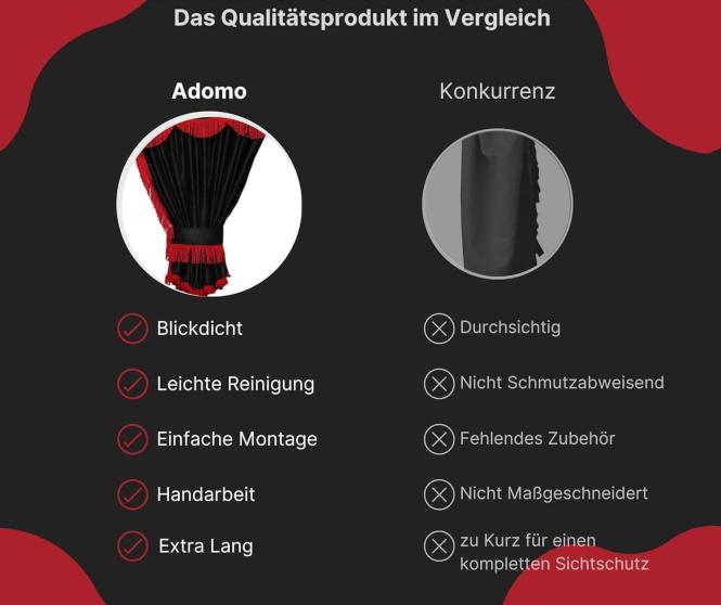 Lkw Gardinen für MAN TGX XXL und TGA XXL bis 2020, schwarz-rot, gratis Gardinenhaken 