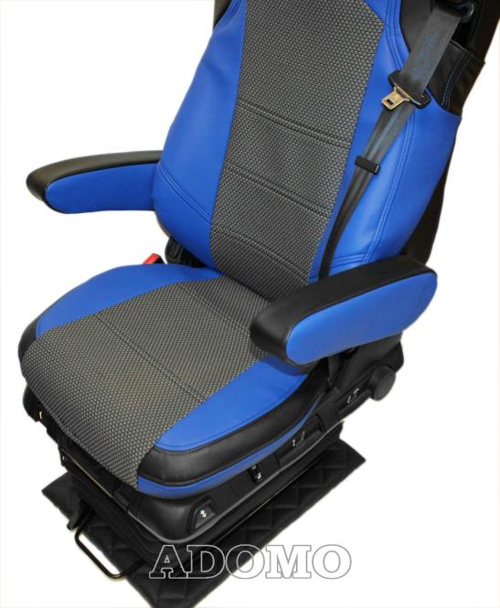 Lkw Sitzbezüge aus Kunstleder für Actros L ab 2022 MP5 und MP4 Beifahrersitz klappbar blau 2 Armlehnen Old Skool 