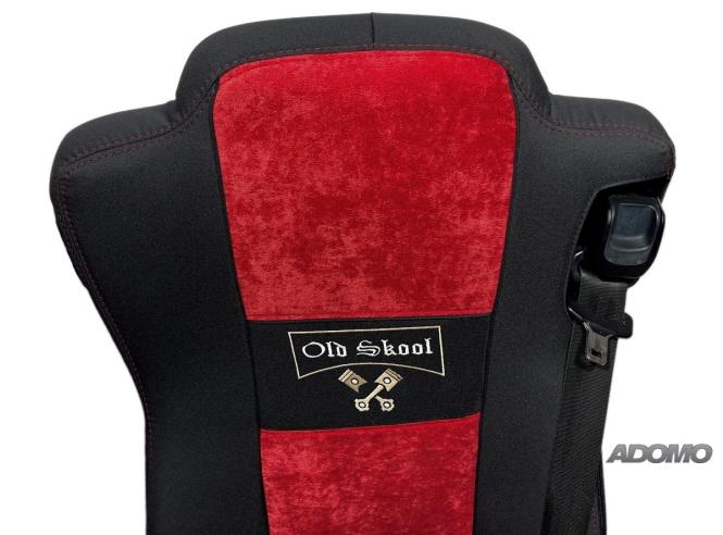 Sitzbezüge für Actros MP5 und MP4, schwarz rot, Beifahrersitz  klappbar , old skool, 8cm Kopfstützen 