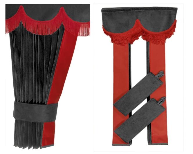 LKW Gardinen in Plissee-Look mit 2 Rückhalterbändern und Frontscheibenborde , grau-rot 