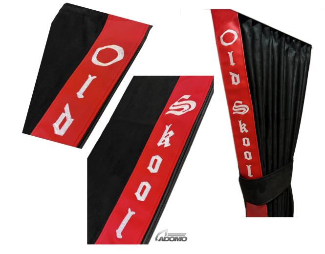 2 Seitengardinen für Volvo FH, FH4, FH5 schwarz - rot OHNE oder MIT old skool 
