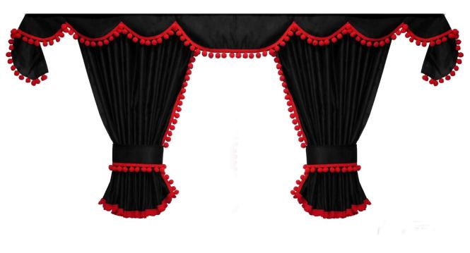 Gardinen für DAF ab 2021 XF-new XG XG+ schwarz - rot Pompoms / Kugel MIT Borde