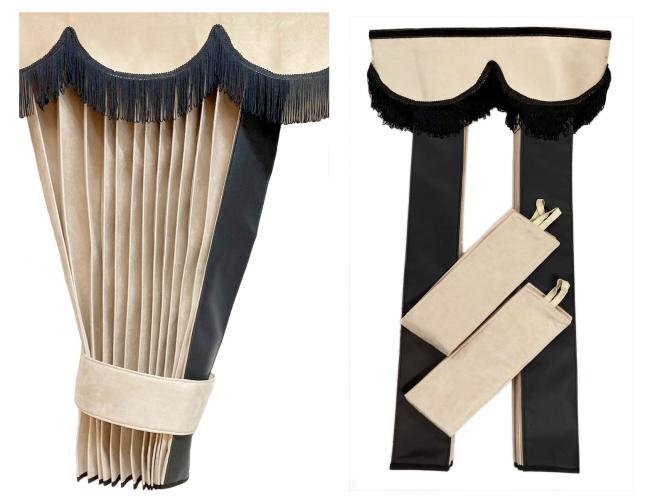 LKW Gardinen in Plissee-Look mit 2 Rückhalterbändern und Frontscheibenborde , beige-schwarz 