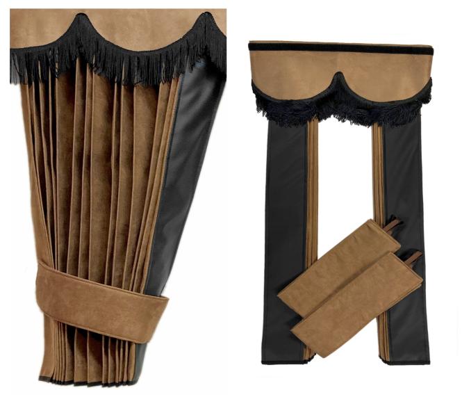 LKW Gardinen in Plissee-Look mit 2 Rückhalterbändern und Frontscheibenborde , braun-schwarz 