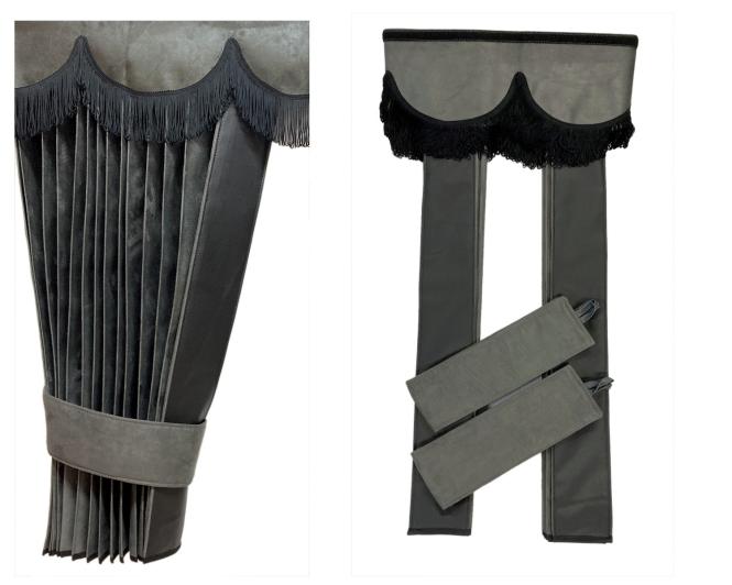 LKW Gardinen in Plissee-Look mit 2 Rückhalterbändern und Frontscheibenborde , grau-schwarz 