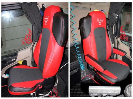 Lkw Sitzbezüge aus Kunstleder für Actros L MP5 und MP4 Beifahrersitz klappbar rot 2 Armlehnen Old Skool 