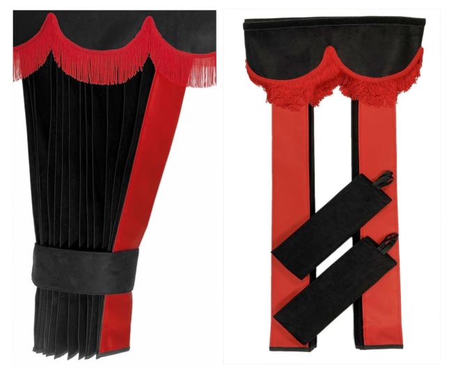 LKW Gardinen in Plissee-Look mit 2 Rückhalterbändern und Frontscheibenborde , schwarz-rot 