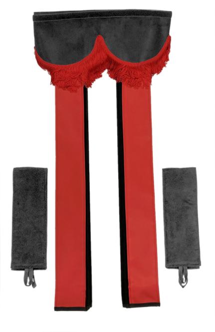 LKW Gardinen in Plissee-Look mit 2 Rückhalterbändern und Frontscheibenborde , grau-rot 