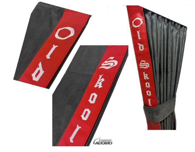 2 Seitengardinen für Iveco S-Way, Hi-Way, Stralis grau - rot  OHNE oder MIT old skool 