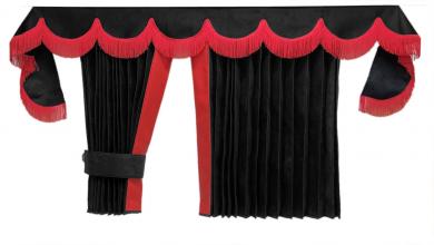 LKW Gardinen in Plissee-Look mit 2 Rückhalterbändern und Frontscheibenborde , schwarz-rot