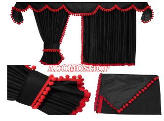 Gardinen für Mercedes Actros MP5 und MP4, schwarz-rot, Pompoms/Kugel