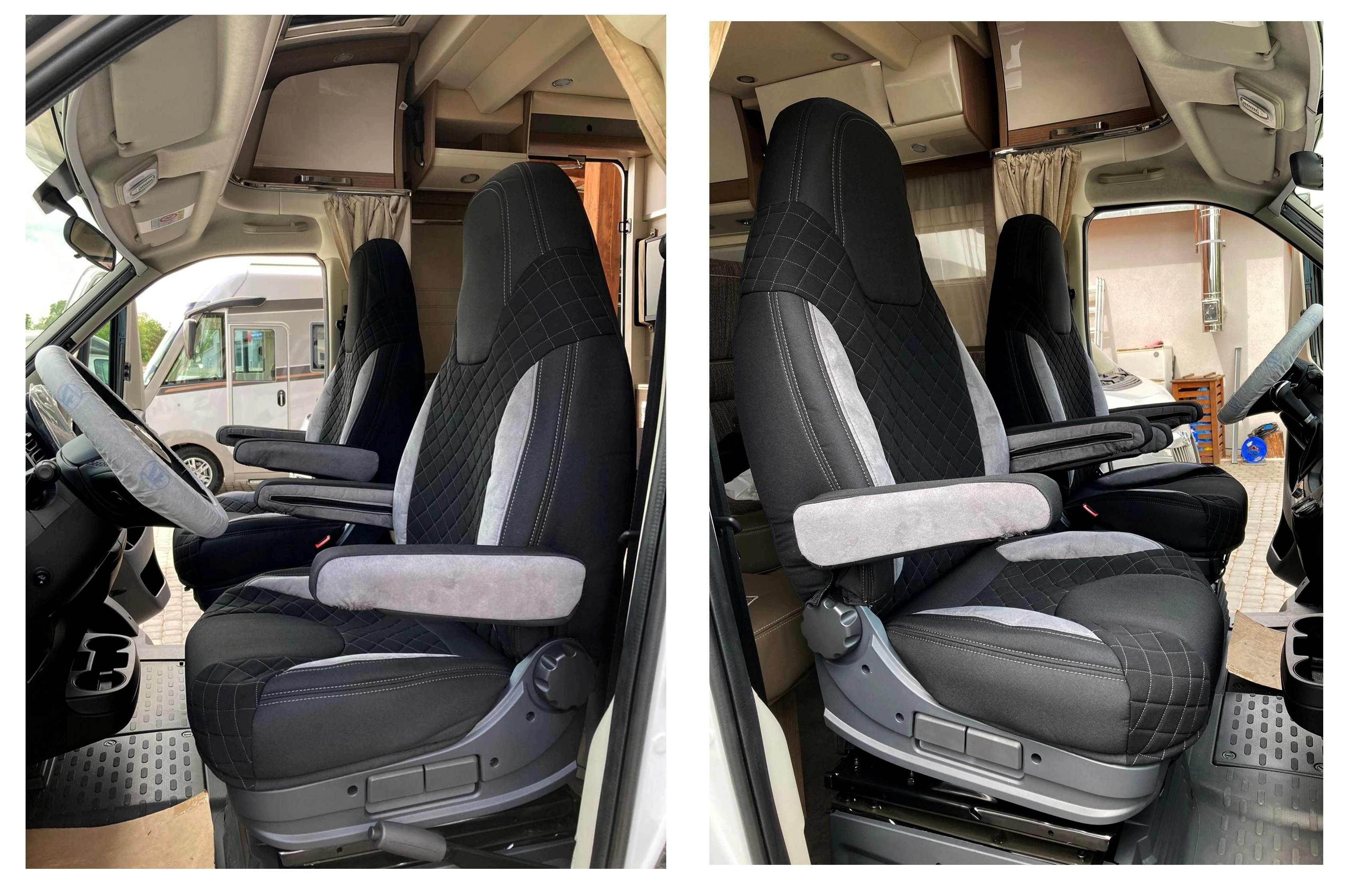 Wohnmobil Sitzbezüge für Fiat Ducato ab 2015, mit 4 Armlehnen, grau-schwarz