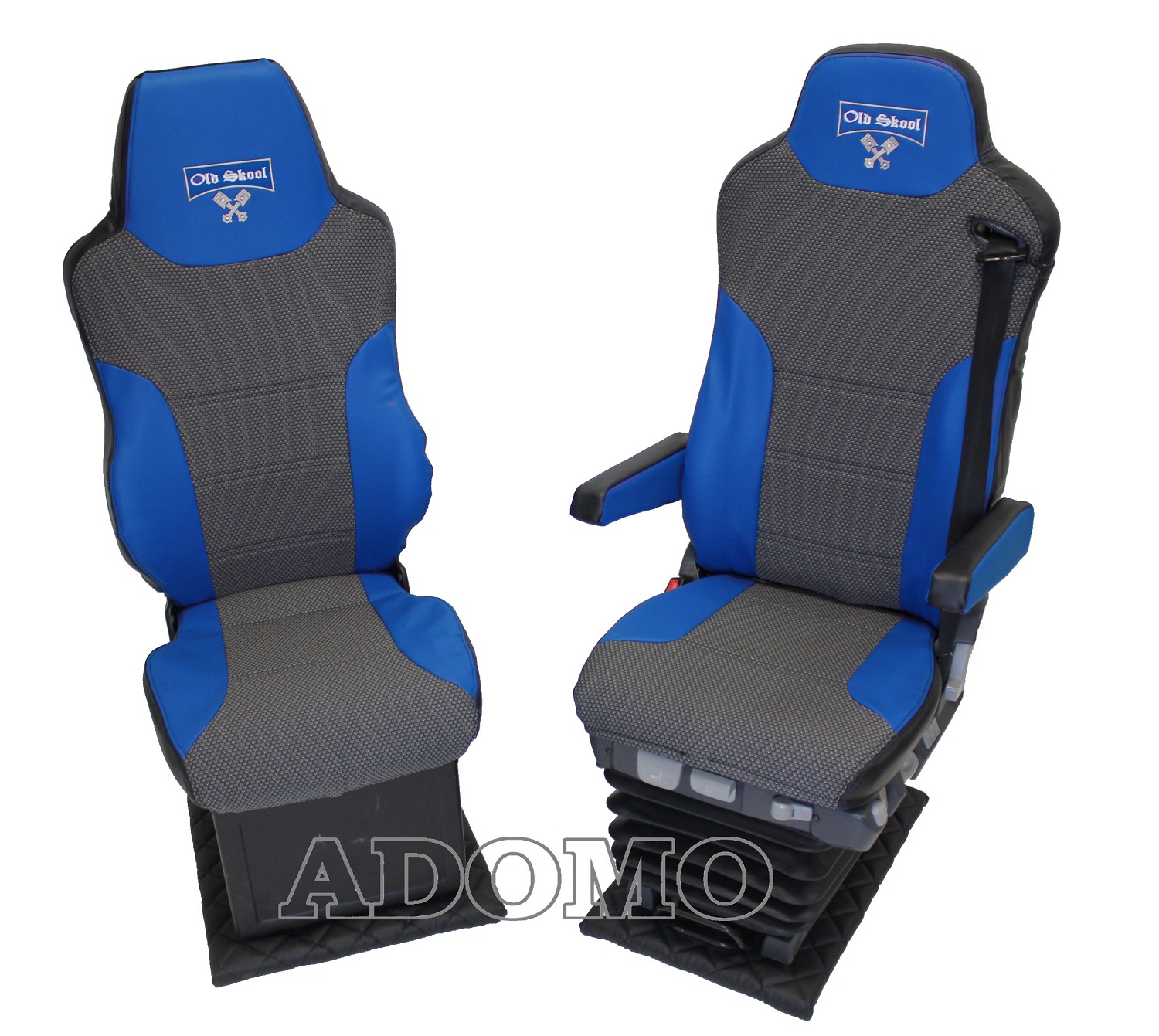 Adomo LKW-Shop, Lkw Sitzbezüge aus Kunstleder für MAN TGX, 1 Gurt blau,  Old Skool