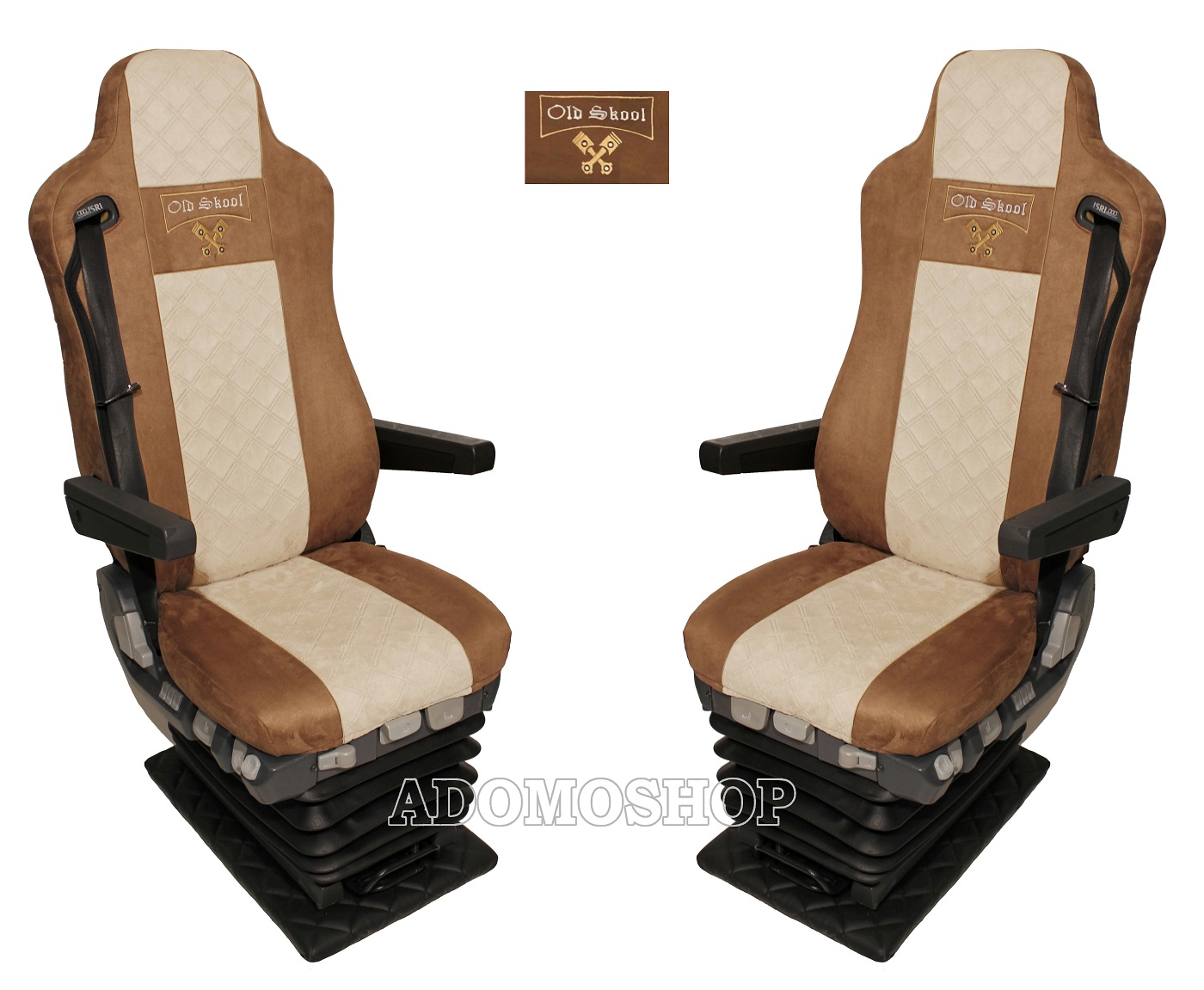 Adomo LKW-Shop, Sitzbezüge für MAN TGX TGA TGL TGM TGS braun-beige 2 Gurt  Old Skool