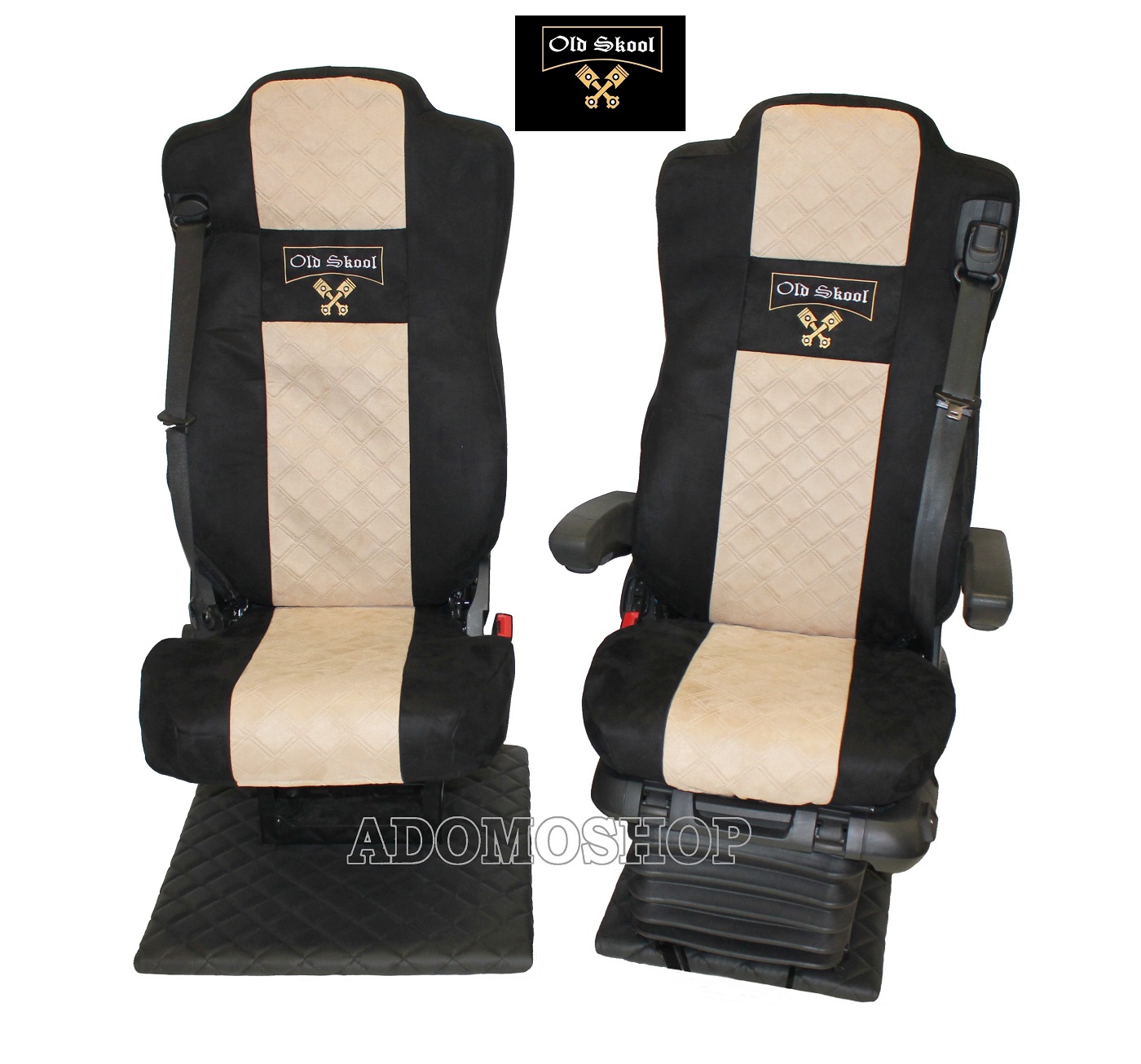 LKW Sitzbezüge für Actros MP5 und MP4 Beifahrersitz klappbar schwarz beige Old Skool 