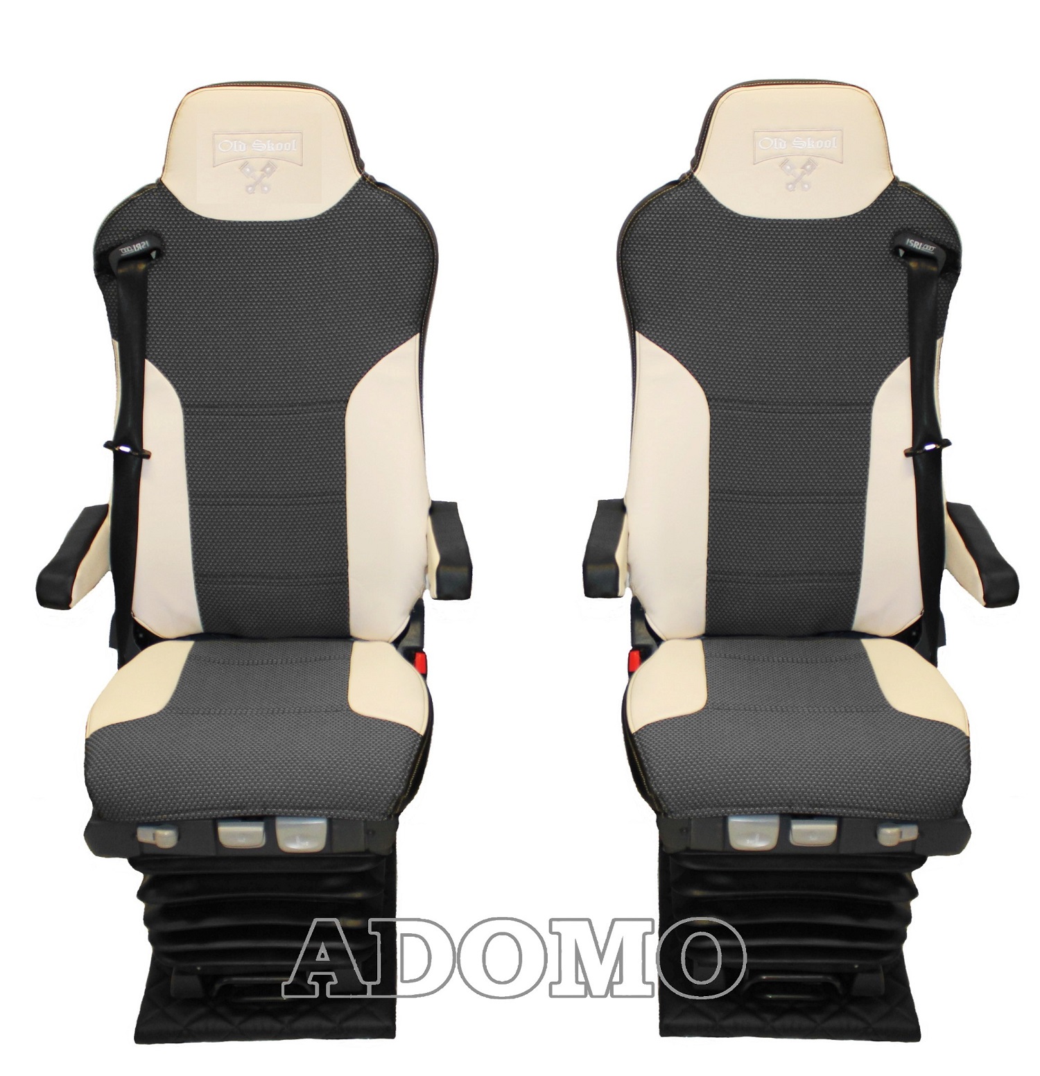 Adomo LKW-Shop, Lkw Sitzbezüge aus Kunstleder für MAN TGX, 2 Gurt  schwarz-beige, Old Skool
